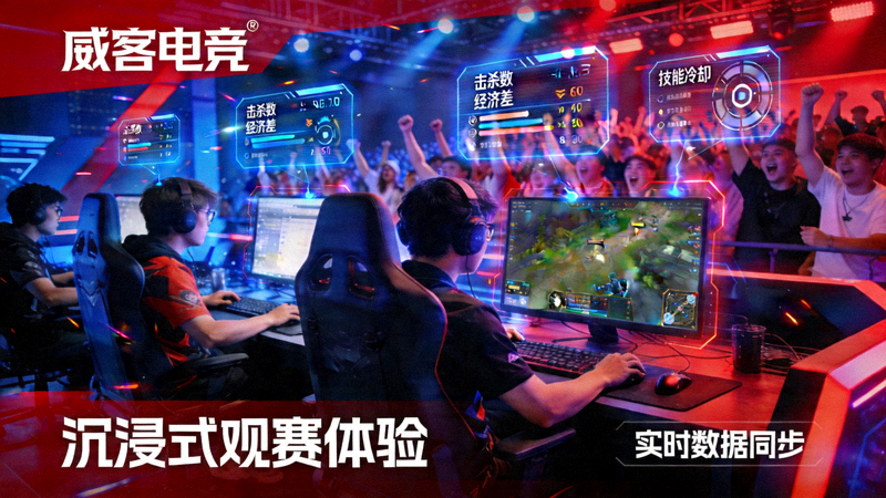 威客电竞沉浸式 Banner - 电竞比赛现场高光画面，带有 HUD 数据叠加效果